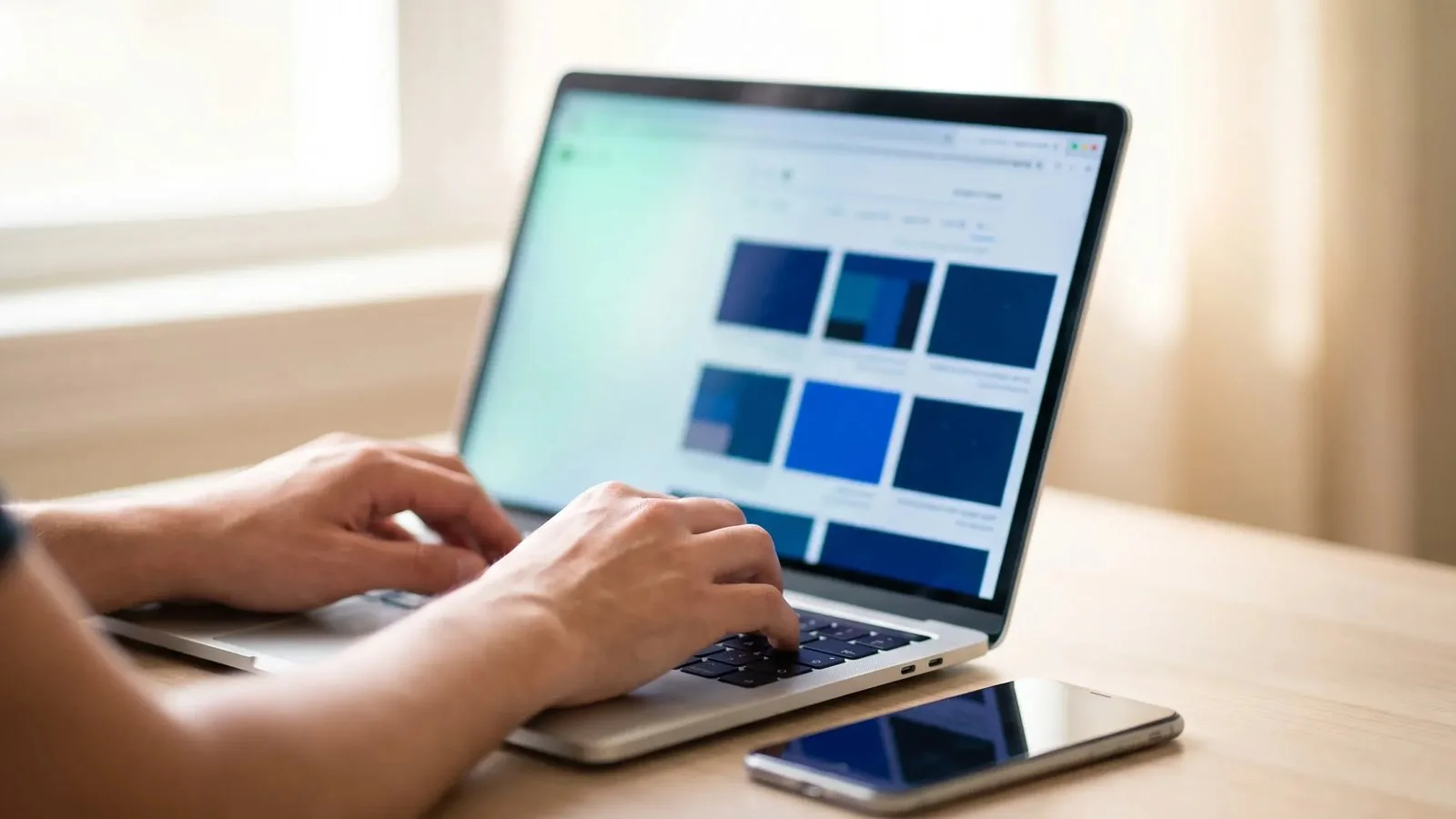 Mãos digitando uma pesquisa em um notebook, com um celular ao lado