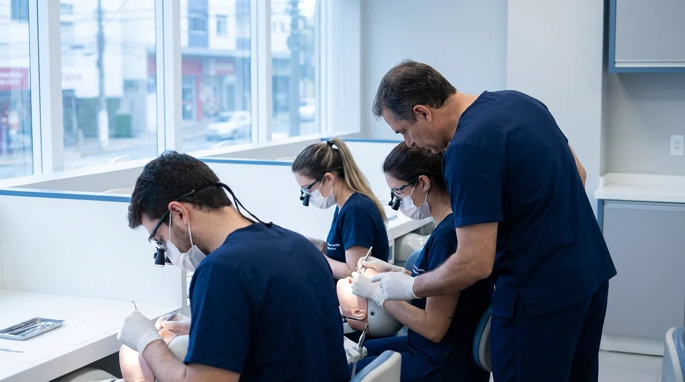 Professor orienta alunas e alunos durante aula prática de odontologia em manequins