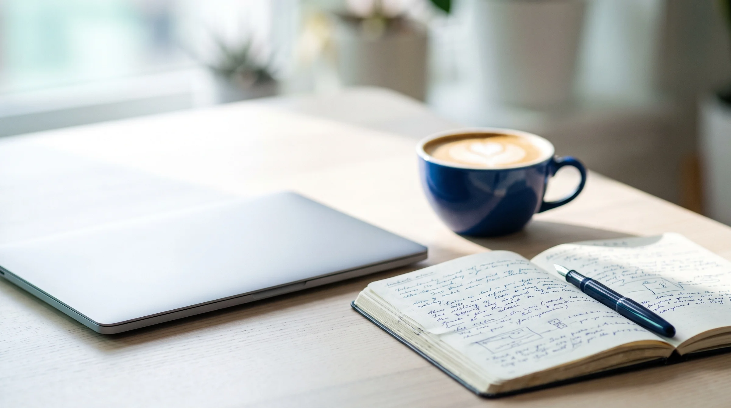 Mesa com notebook fechado, café e caderno com anotações