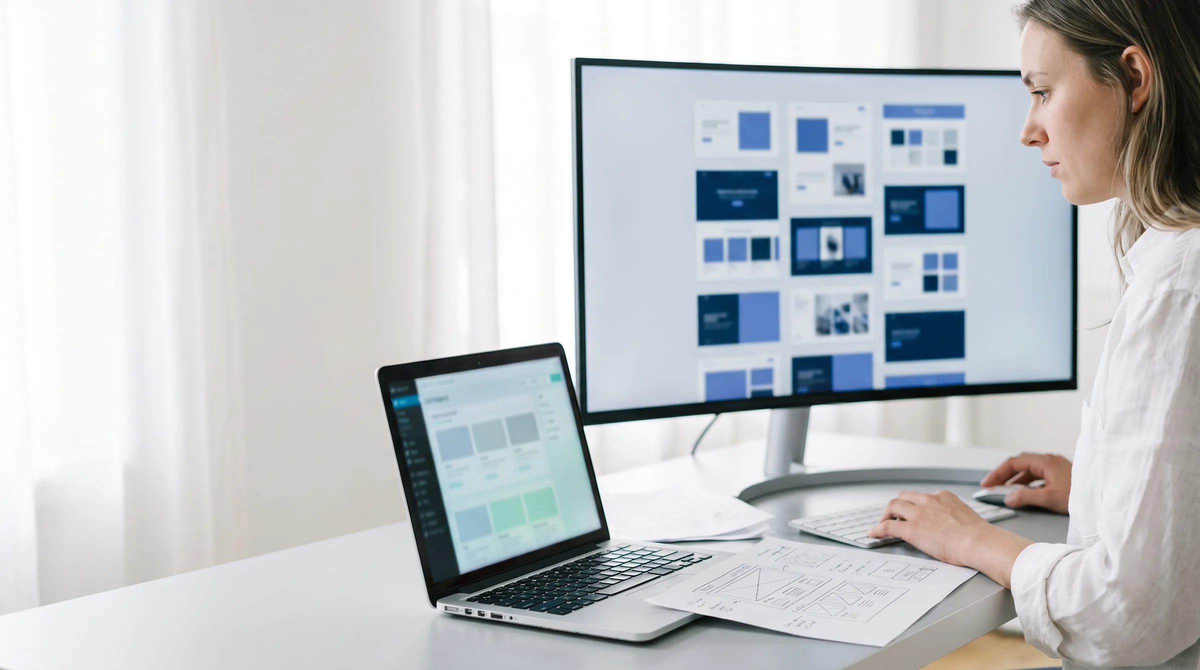 Designer organizando páginas de um site em um monitor grande