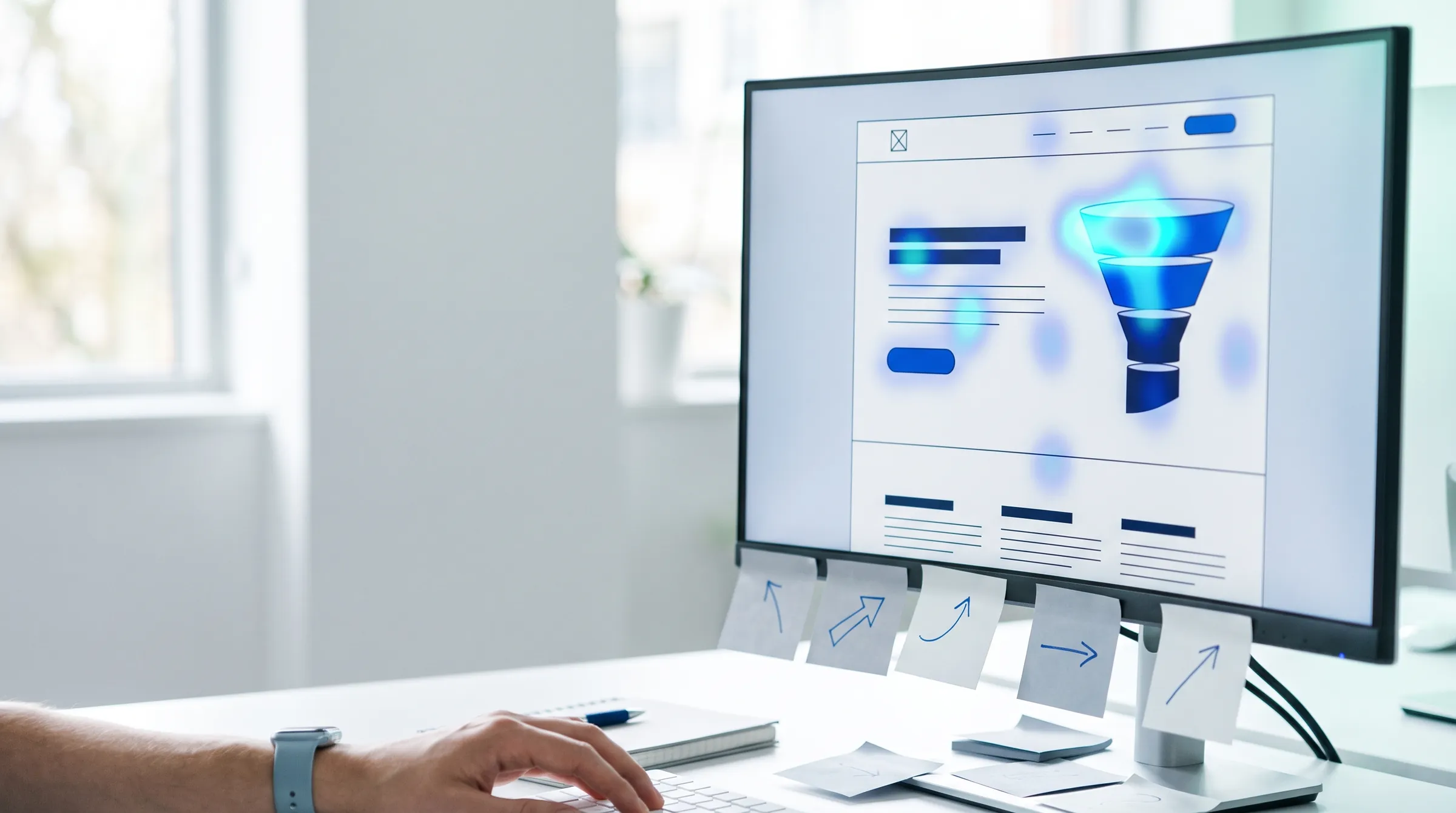 Monitor com um funil de conversão e mapa de calor sobre o layout de um site