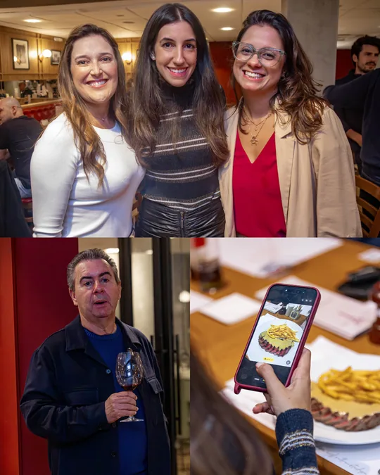 Convidadas do jantar, vinho servido à mesa e a câmera do Estúdio DDA gravando