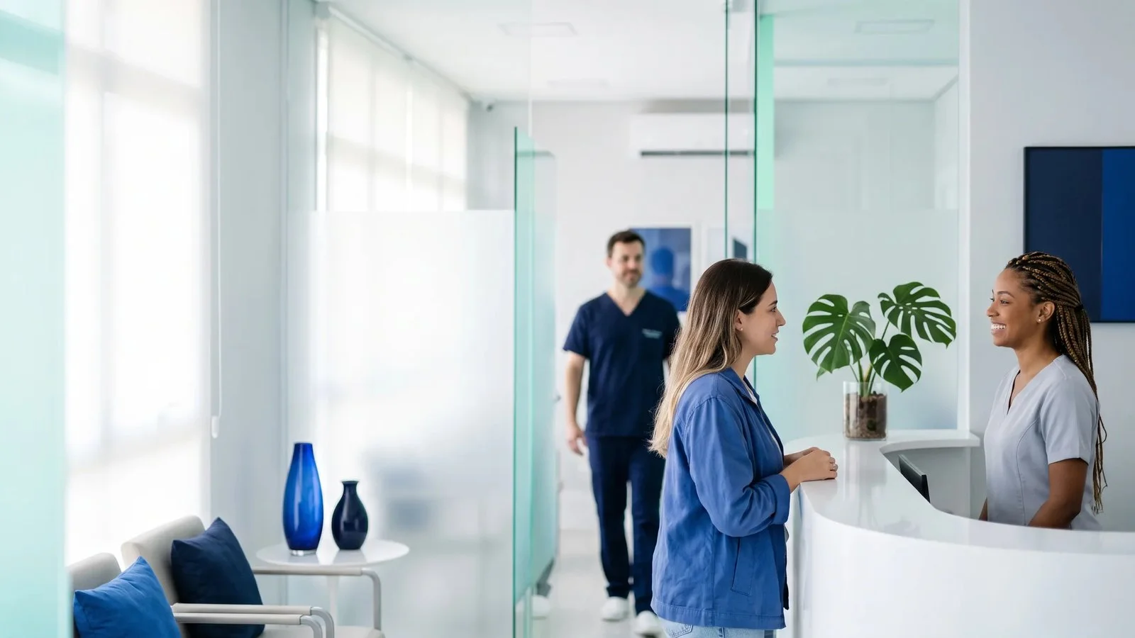 Recepção de uma clínica odontológica com pacientes e equipe
